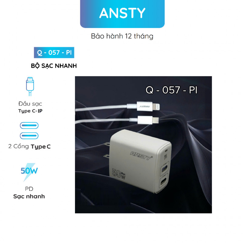Bộ sạc nhanh 50W 2 USB-C Type-C to Lightning Ansty Q-057-PI White