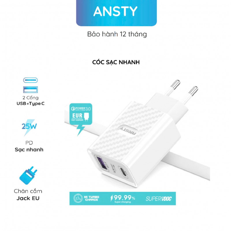 Bộ sạc nhanh 25W USB-C Type C to Type C Ansty Q-073-PT White