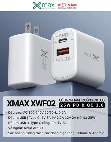 Đầu nối sạc nhanh 25W USB/USB-C Xmax PD/QC3.0 XWF02 White (KG)
